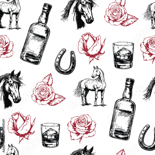 Hand-Drawn Kentucky Icons Repeat Pattern - Horses, Roses, Bourbon, and Whiskey Illustration