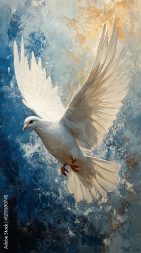 White dove soaring over a blue and textured background during daylight hours