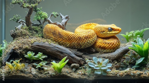 Lush terrarium habitat showcasing a snake among vibrant greenery and natural ...