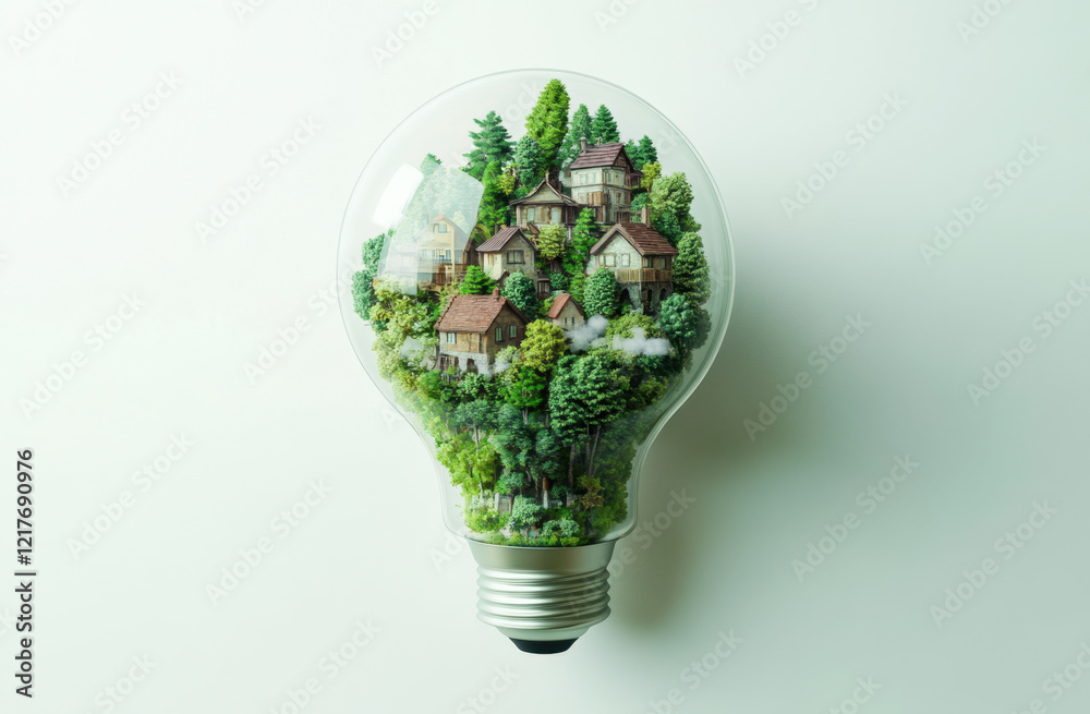 A miniature village is beautifully crafted inside a transparent light bulb. The tiny houses are surrounded by lush greenery, depicting a harmonious blend of nature and human habitation. A miniature village is beautifully crafted inside a transparent light bulb. The tiny houses are surrounded by lush greenery, depicting a harmonious blend of nature and human habitation.
