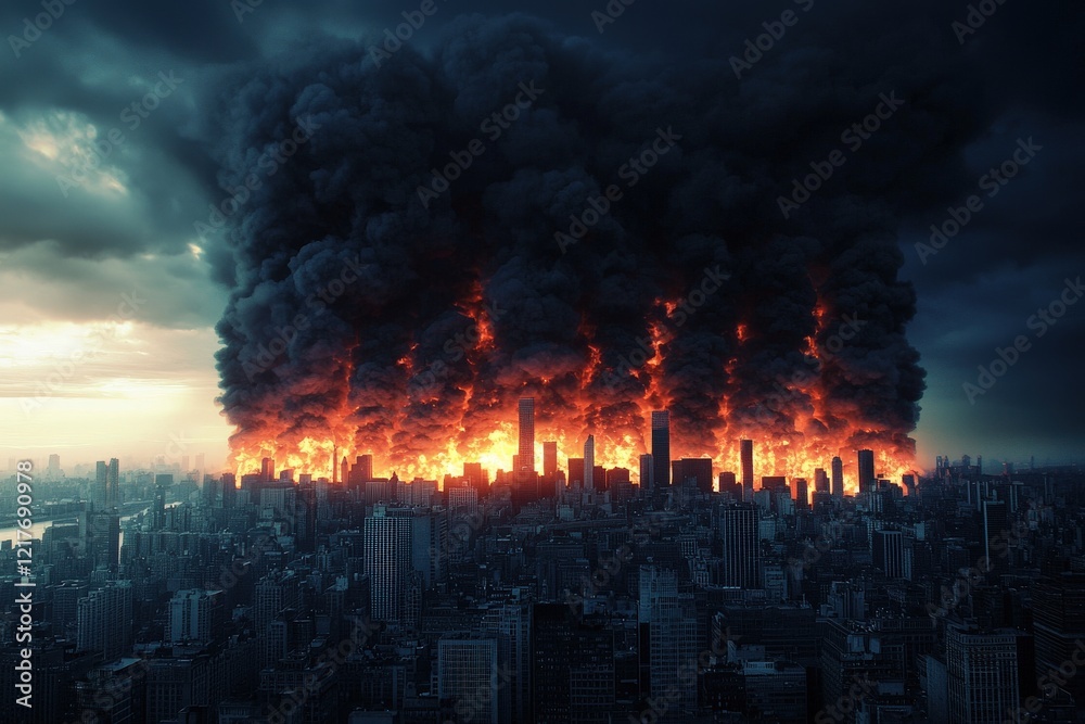 Obraz premium Dramatic Urban Landscape with Fire and Smoke Over City Skyline