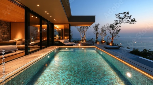 Elegant modern villa with private pool and lush surroundings at dusk