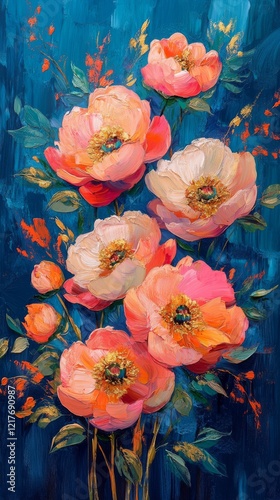 Vibrant bouquet of blooming peonies against a rich blue background in artisti...