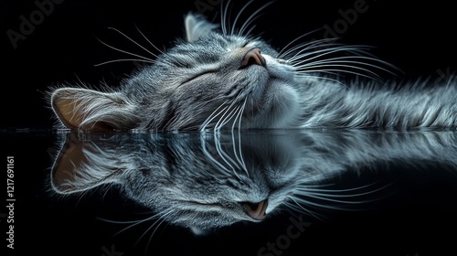 Gray tabby cat gazing thoughtfully with reflection in dark background