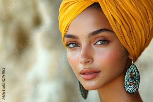 Beautiful woman wearing a yellow head wrap and intricate earrings against a n...