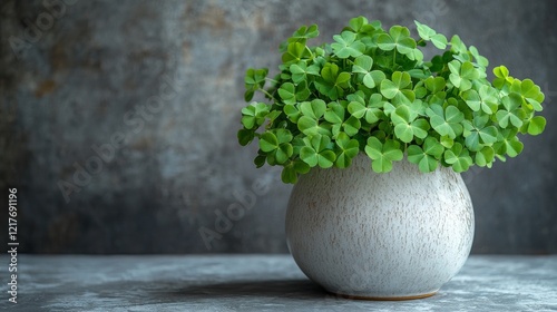 Fresh clover arrangement in a simple ceramic vase on a neutral background