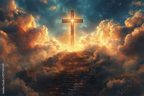 Sunlight shining through cross at top of stone steps under blue sky