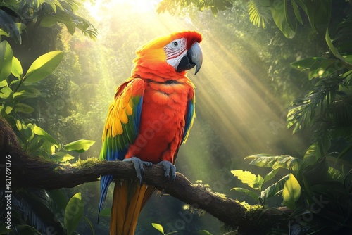 Colorful macaw perched on a branch in a lush tropical forest during golden hour