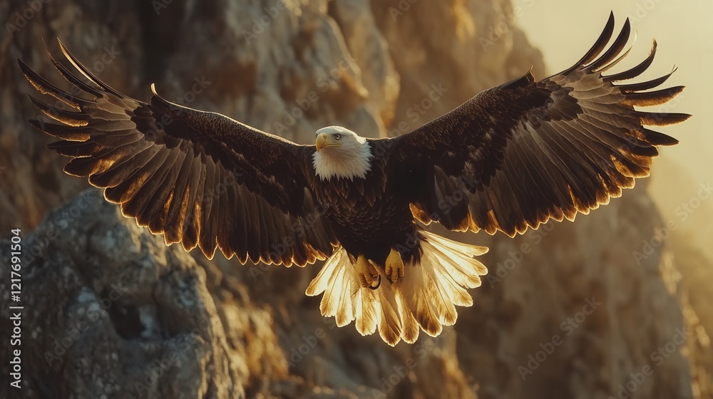 Majestic Bald Eagle in Flight Golden Hour Light Dramatic Rock Background