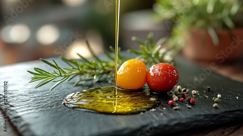 Olive oil drizzled over fresh cherry tomatoes and herbs on black slate with r...