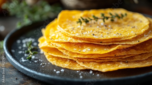 Delicious sweet pancakes stacked on a plate with a decorative herb on top