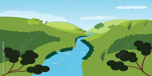 Wallpaper with river floating between hills