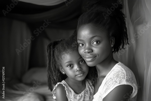 Mother and daughter share a tender moment indoors in black and white photography