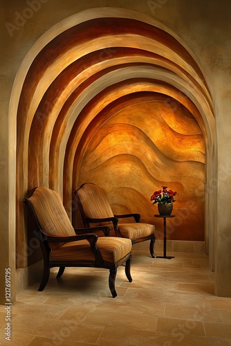 Tranquil alcove with arched walls  plush chairs  and subtle lighting.