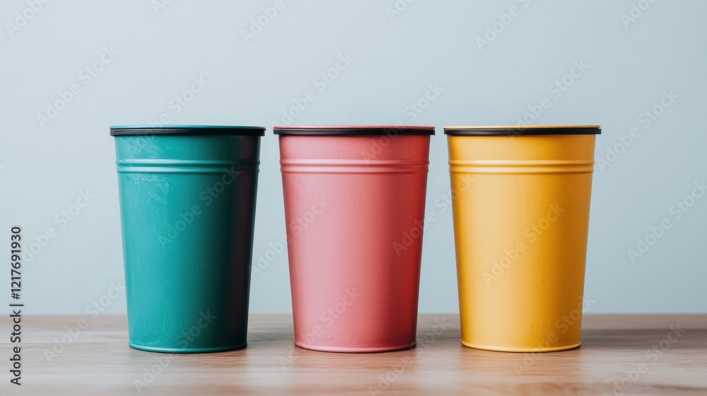 Colorful Metal Buckets in a Line on a Wooden Surface Colorful Metal Buckets in a Line on a Wooden Surface