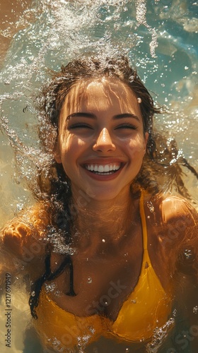 Smiling young woman enjoying a sunny day in a swimming pool during summer