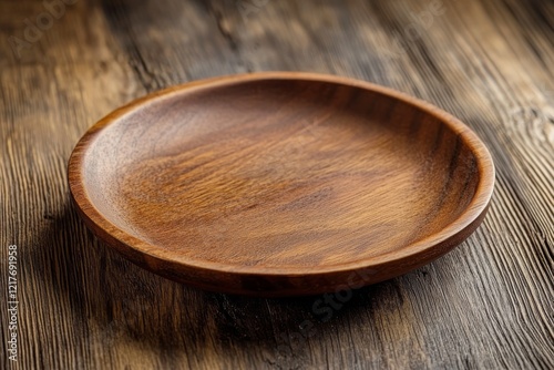 Handcrafted wooden plate resting on rustic wooden surface with natural light ...