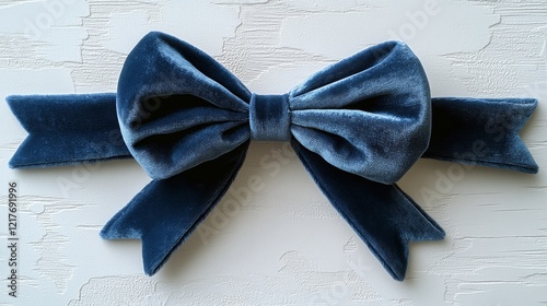 Elegant navy blue ribbon bow displayed on a neutral background for decoration...