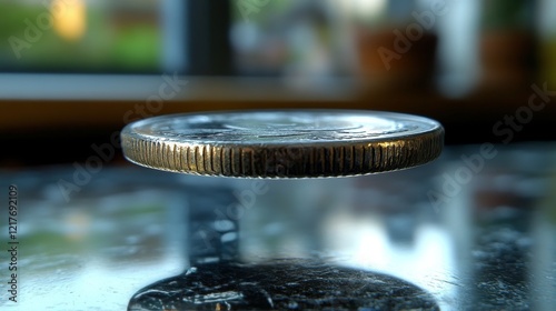 Clear glass disc resting on a reflective surface with water droplets around it