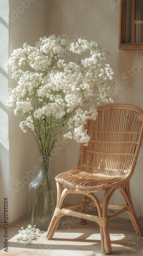 Rattan chair beside white flowers in a modern interior setting with soft light