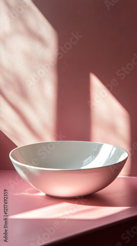 Elegant white bowl with decorative branches on a pastel pink kitchen countertop