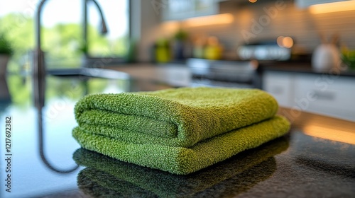 Bright green kitchen towel resting on modern stove with metal grates and refl...