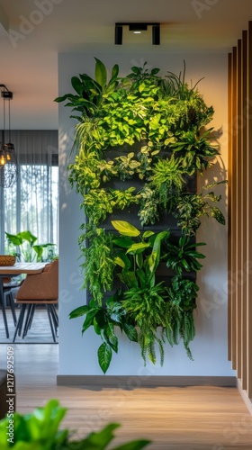 Lush green wall of diverse tropical plants showcasing natural beauty and vibr...