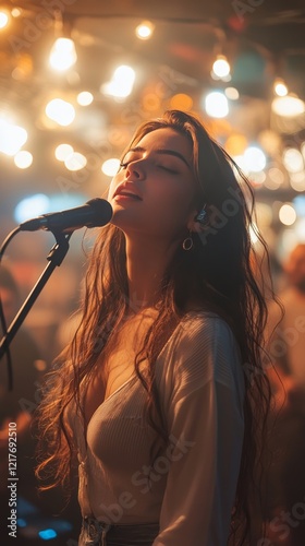 Live music performance at a cozy venue with a female vocalist and warm lighting