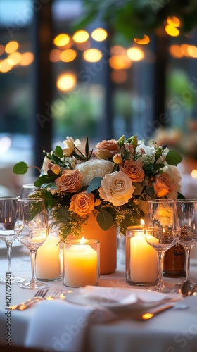 Elegant dinner table adorned with candles and fresh flowers in a cozy restaur...