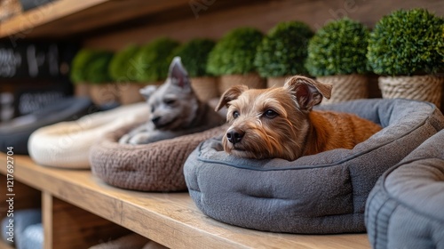 Cozy assortment of decorative pillows arranged neatly on a wooden shelf in a ...