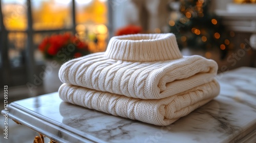 Cozy knitted sweater neatly folded on marble table in a warm, inviting living...
