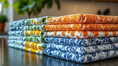 Colorful textiles stacked neatly showcasing various patterns and textures in ...