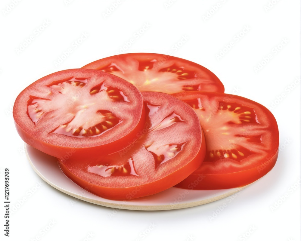 Closeup Tomato Slice Isolated on White Background - Fresh and Ripe Object of Sliced and Cut Round Tomatoes Closeup Tomato Slice Isolated on White Background - Fresh and Ripe Object of Sliced and Cut Round Tomatoes