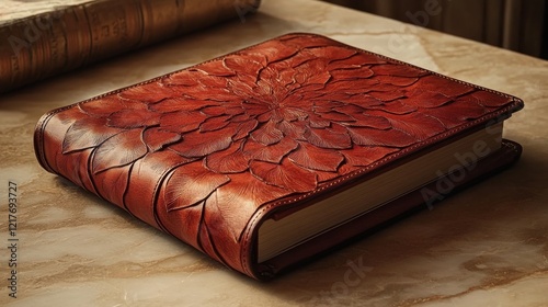 Leather-bound journal rests beside a potted plant in a sunlit room