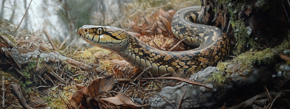 Fototapeta premium Majestic Serpent in Forest Habitat Detailed Close Up of Snake in Natural Environment