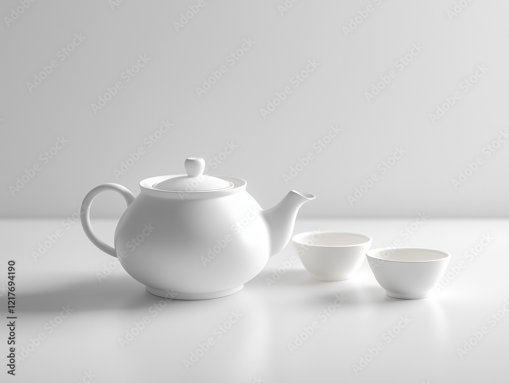 White ceramic teapot with matching cups on minimalist background White ceramic teapot with matching cups on minimalist background