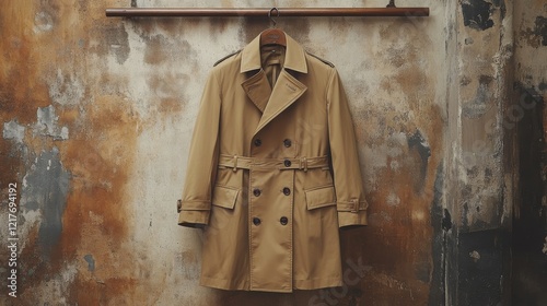 Classic black trench coat elegantly displayed in cozy interior setting