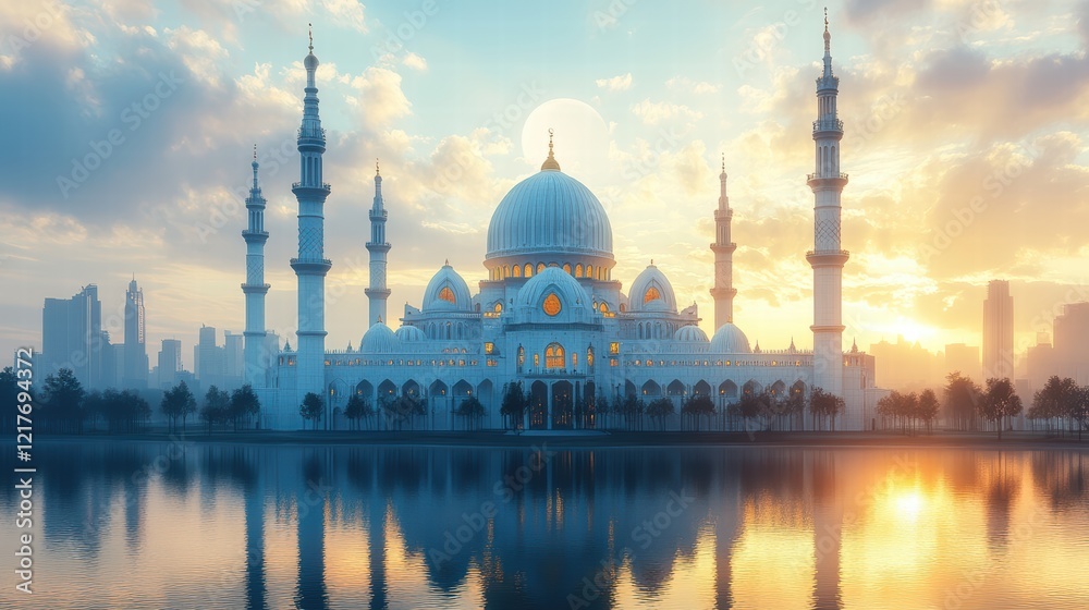 Obraz premium A white mosque with two minarets stands on a body of water with a crescent moon in the sky