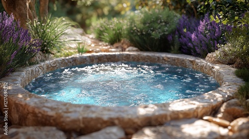 Serene backyard oasis featuring a sparkling pool surrounded by lush greenery ...