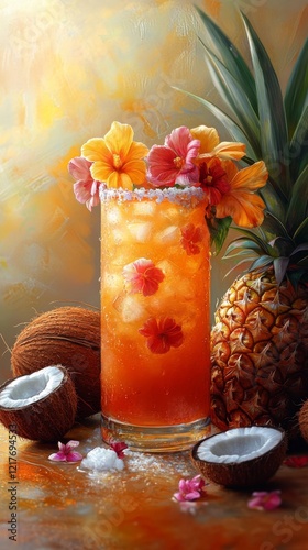 Refreshing tropical cocktail garnished with flowers and fruits in a warm setting