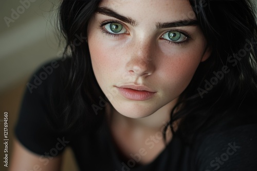Portrait of a woman with striking green eyes and dark hair showcasing natural...