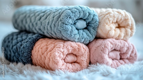 Soft towels stacked neatly on a table in a bright, natural light setting