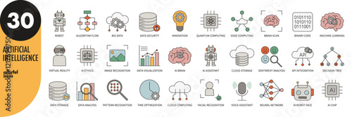 Artificial intelligence, machine learning, AI, neural networks colorful thin line icons set. Data security, facial recognition, cloud computing. Vector illustration