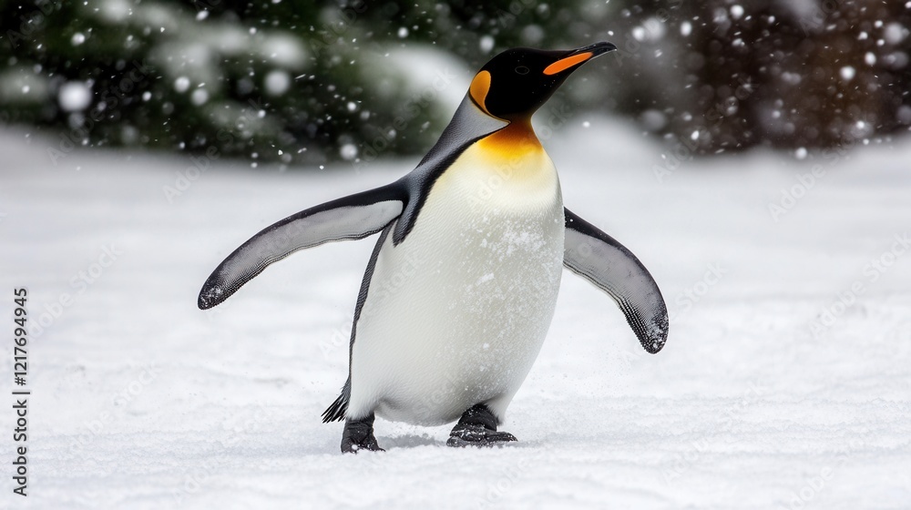 Obraz premium Majestic King Penguin Walking in Snow Winter Wildlife Scene Antarctica