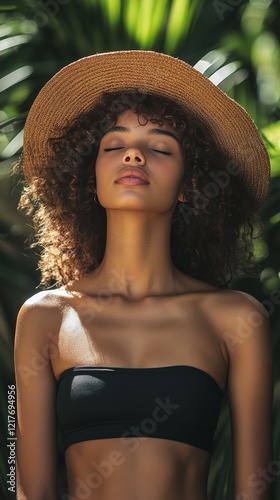Young woman with freckles enjoying a moment of tranquility surrounded by red ...