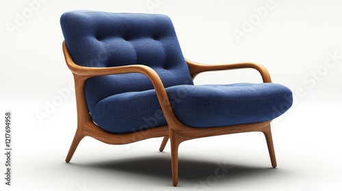 Modern blue upholstered chair with wooden accents in minimalist design