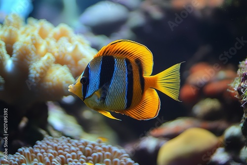 Colorful tropical fish swimming through vibrant coral reef in an underwater p...