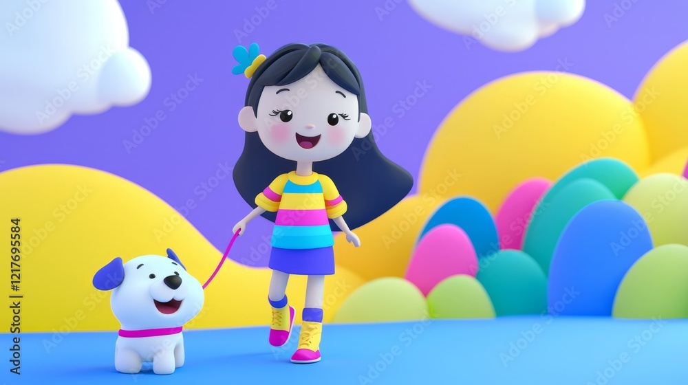 Naklejka premium Woman Walking a Dog Playful 3D cartoon style illustration.