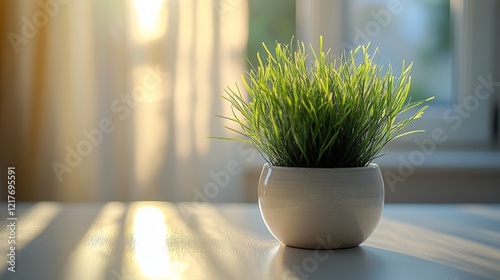 Green potted plant positioned on a marble kitchen counter bathed in natural l...