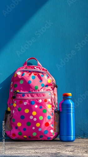 Bright backpack and water bottle against a vibrant blue wall in outdoor setting